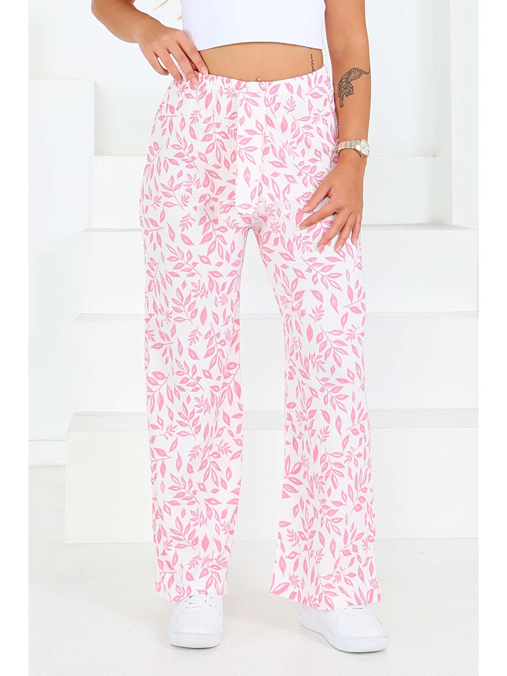 Desenli Beli Lastikli Bürümcük Pantolon Pembe - 27678-1