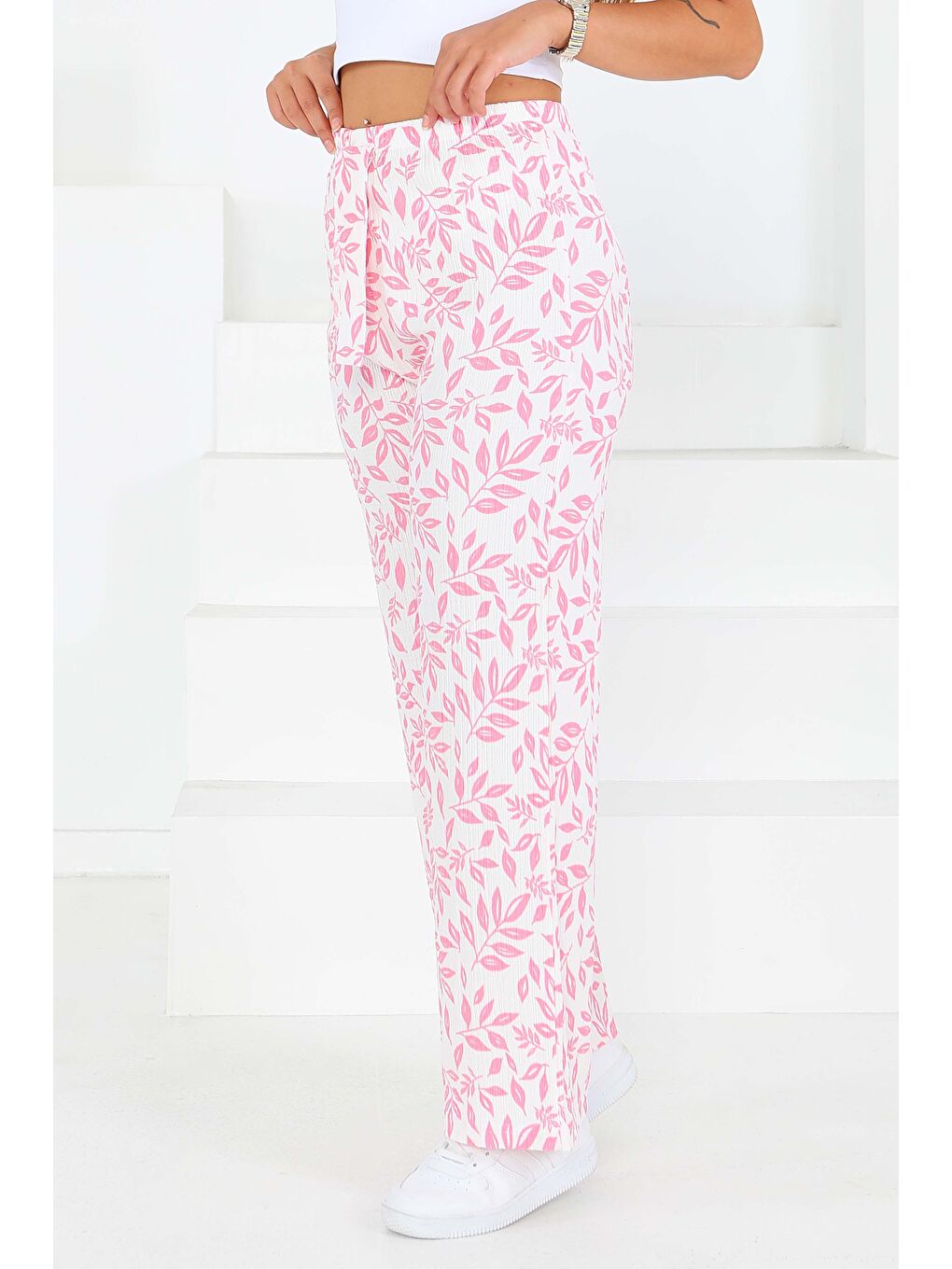 Desenli Beli Lastikli Bürümcük Pantolon Pembe - 27678-2