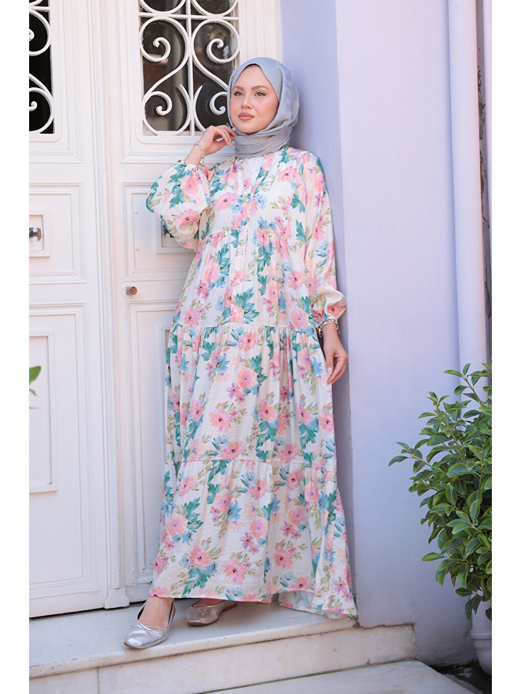 Pembe Kadın Pastel Çicek Desenli Elbise Pudra-1