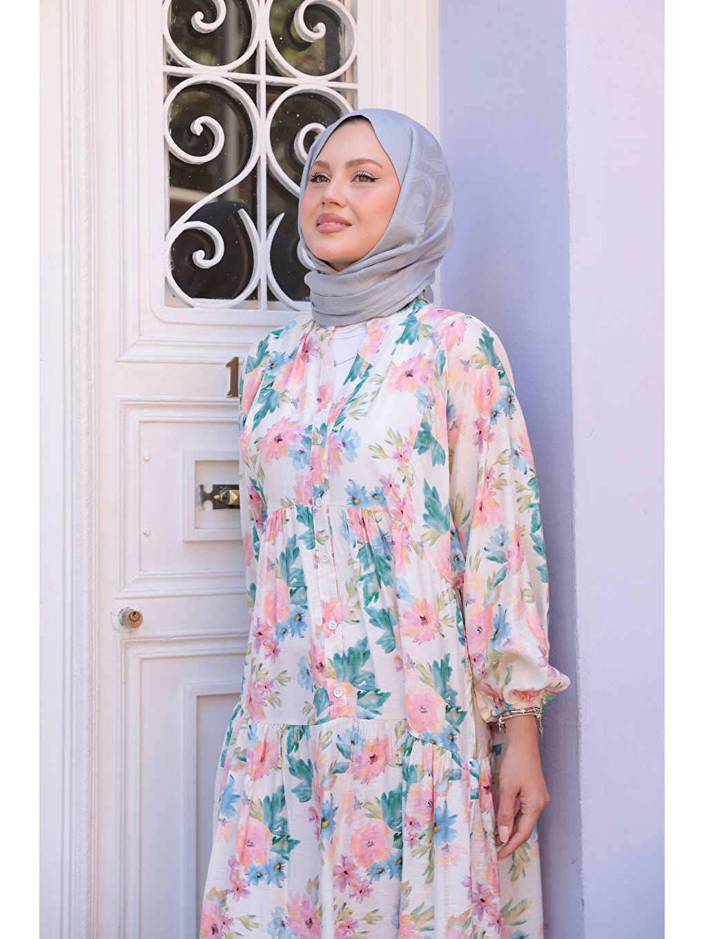 Pembe Kadın Pastel Çicek Desenli Elbise Pudra-3