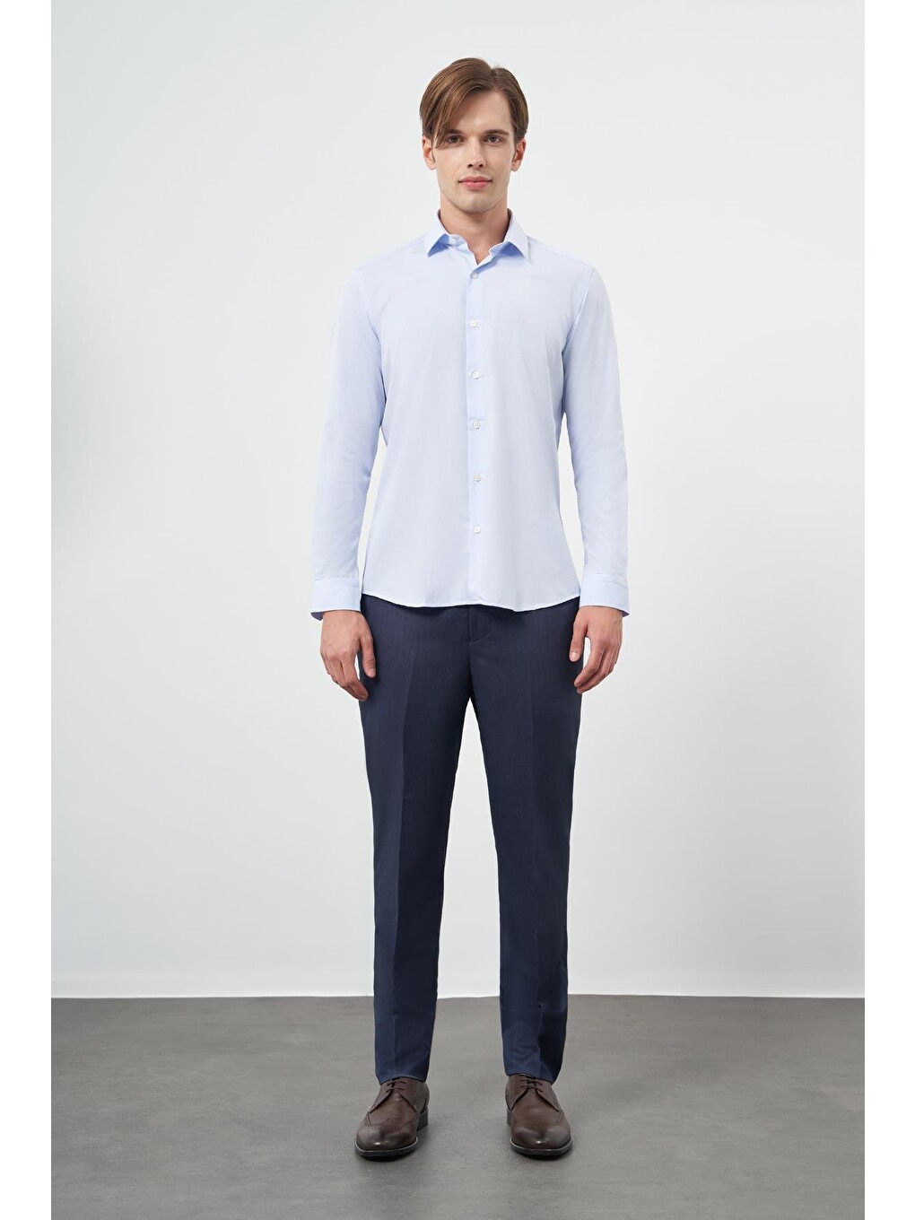 Koyu Mavi Uzun Kol Kendinden Armürlü Cepsiz Pamuklu Classic Slim Fit Gömlek 1004245202-1