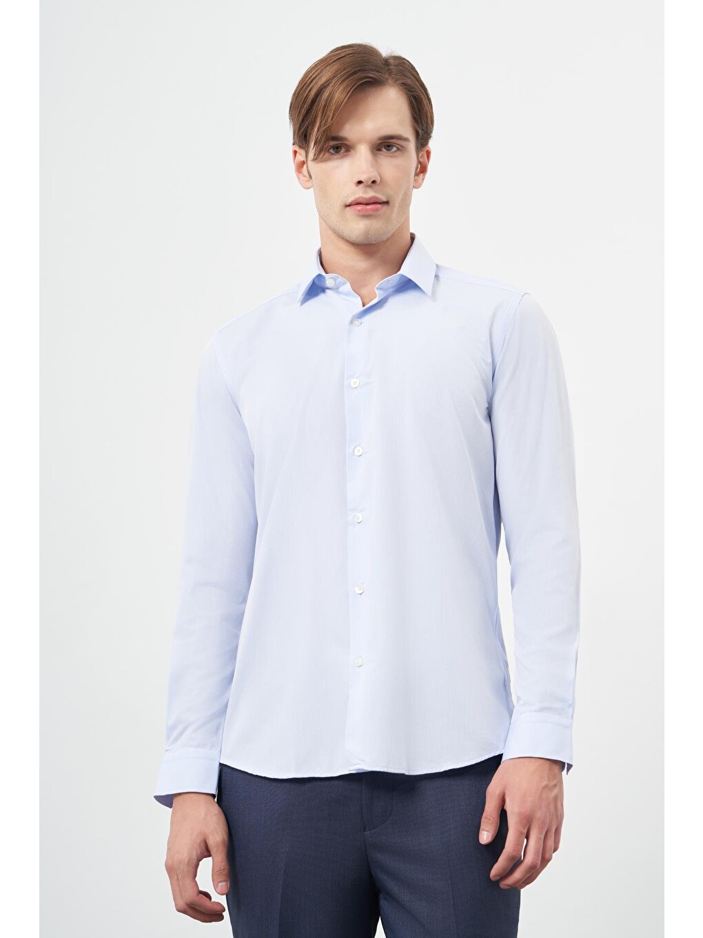 Koyu Mavi Uzun Kol Kendinden Armürlü Cepsiz Pamuklu Classic Slim Fit Gömlek 1004245202-2