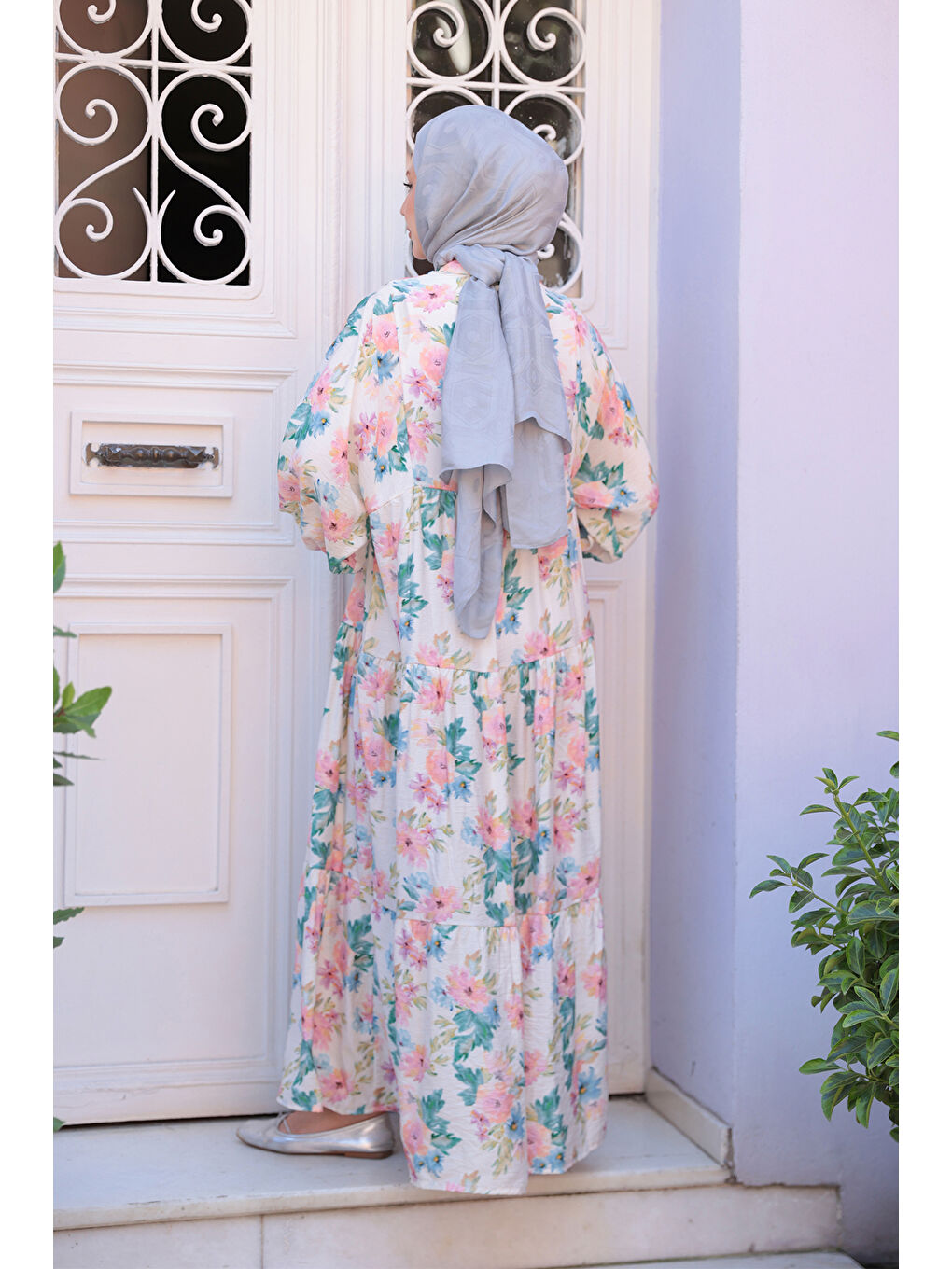 Pembe Kadın Pastel Çicek Desenli Elbise Pudra-4