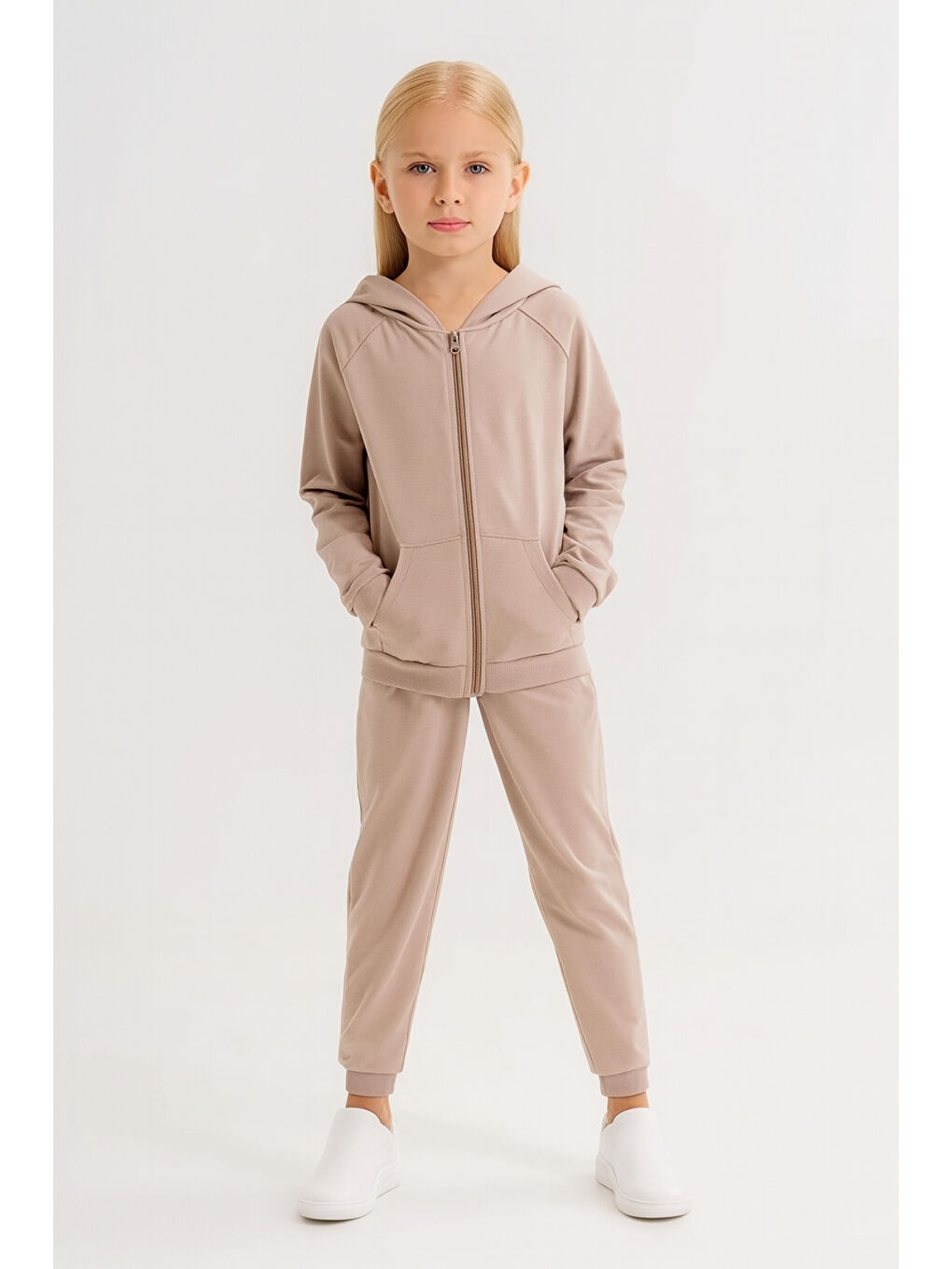 Bej Kız - Erkek Çocuk Basic Fermuarlı Okul Eşofman Takımı Ak0785-1