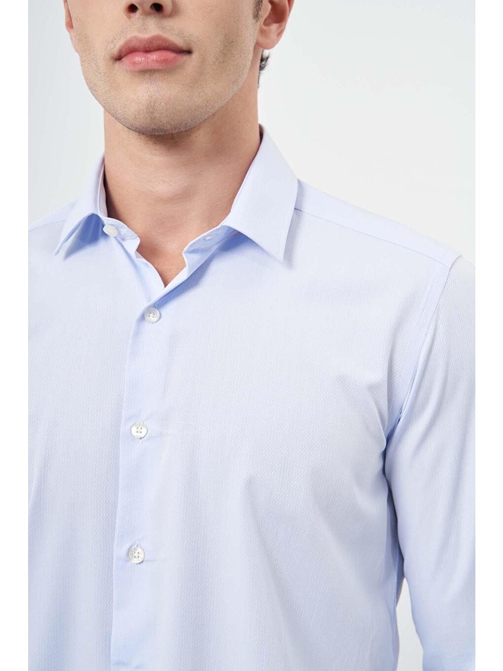 Koyu Mavi Uzun Kol Kendinden Armürlü Cepsiz Pamuklu Classic Slim Fit Gömlek 1004245202-3