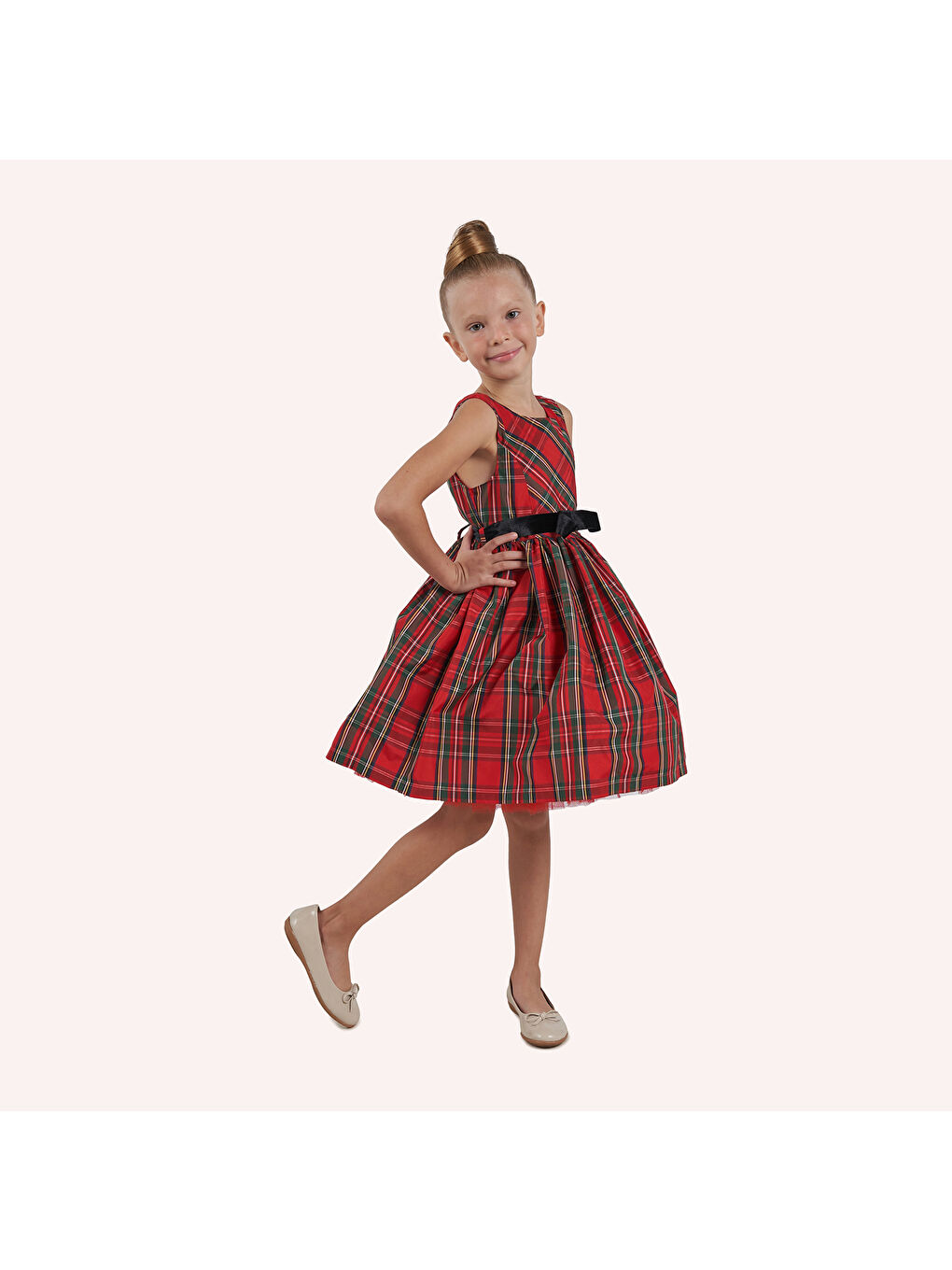 Kırmızı Kız Çocuk Ekose Desenli Parti Elbisesi-1