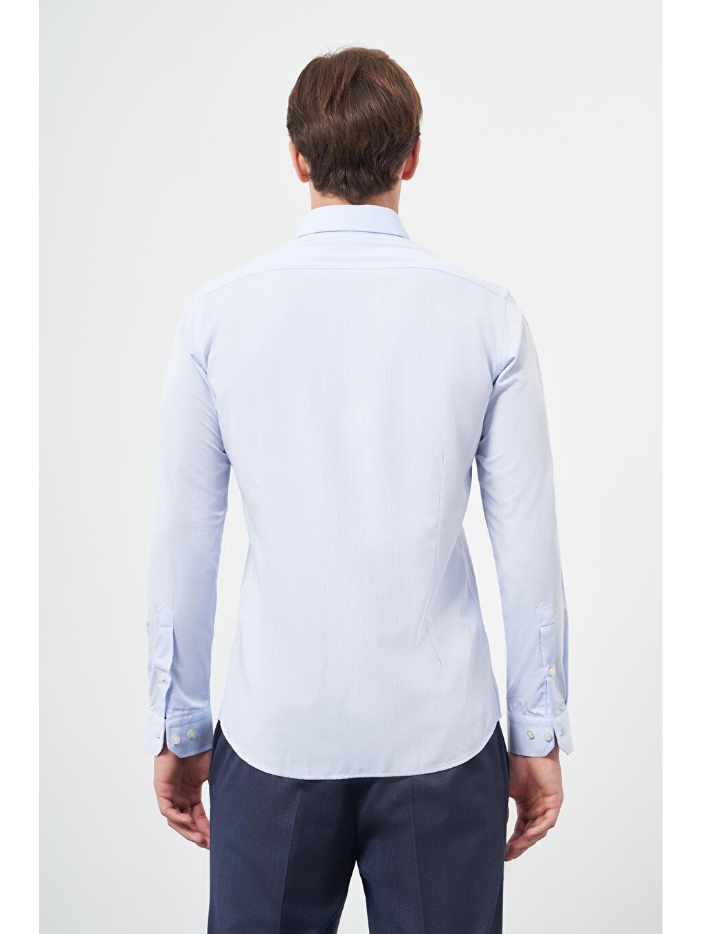 Koyu Mavi Uzun Kol Kendinden Armürlü Cepsiz Pamuklu Classic Slim Fit Gömlek 1004245202-4