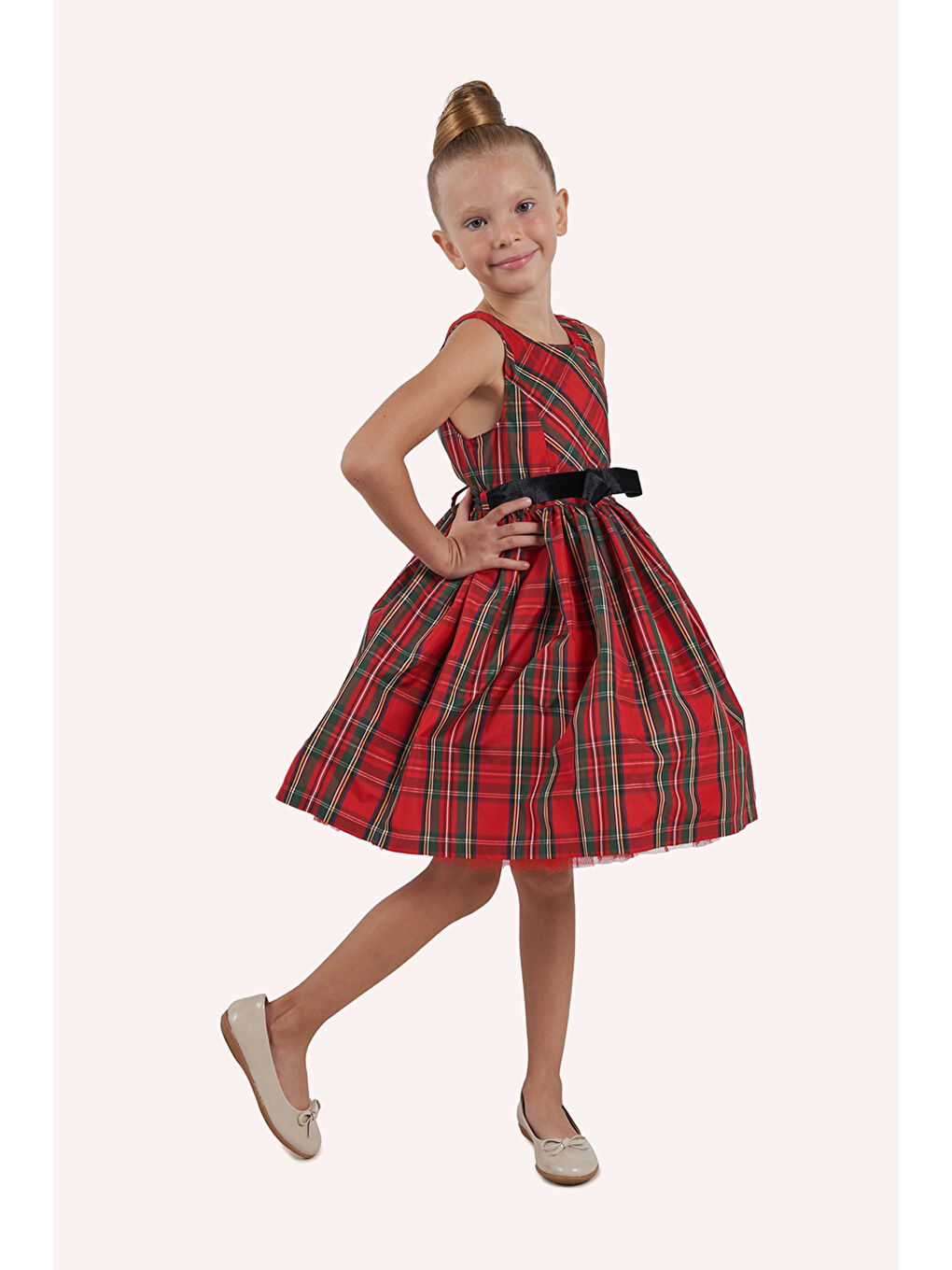 Kırmızı Kız Çocuk Ekose Desenli Parti Elbisesi-4