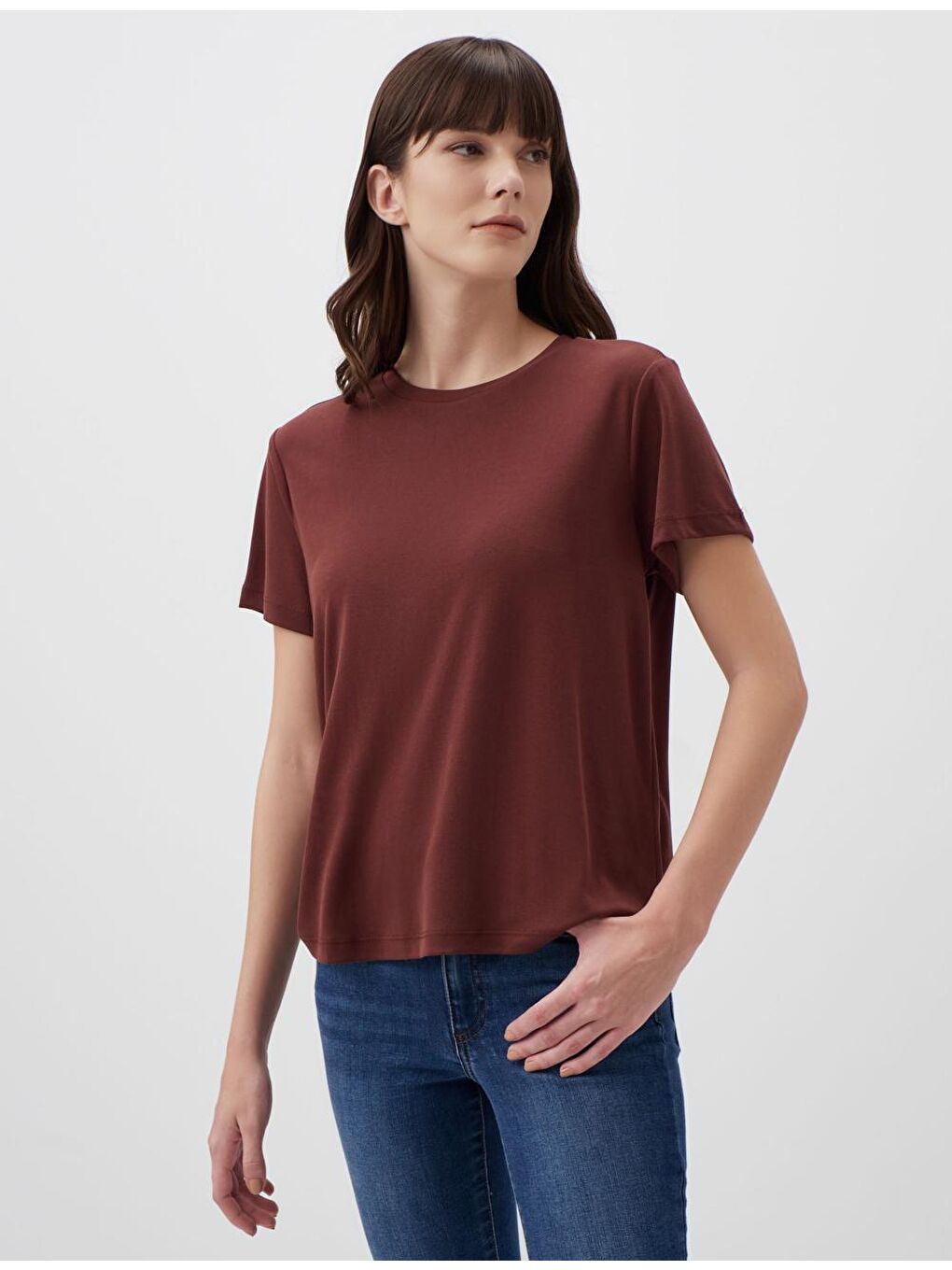 Kahverengi Düz Kesim Bisiklet Yaka Kısa Kollu Basic Tişört-1