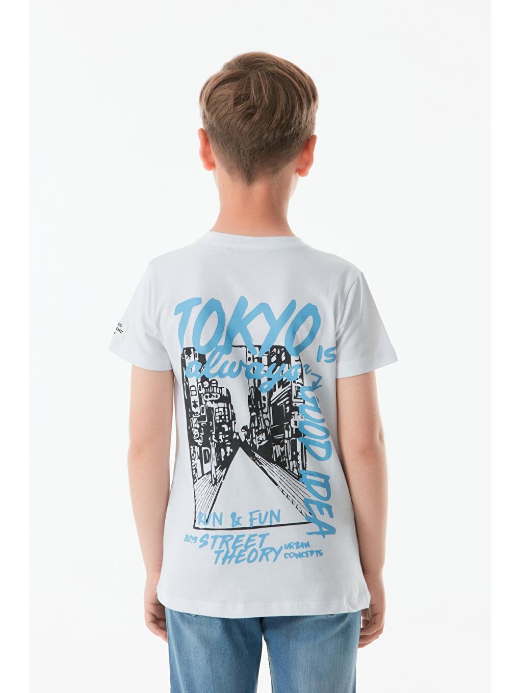 Beyaz Önü Ve Arkası Baskılı Bisiklet Yaka Erkek Çocuk Tişört-2