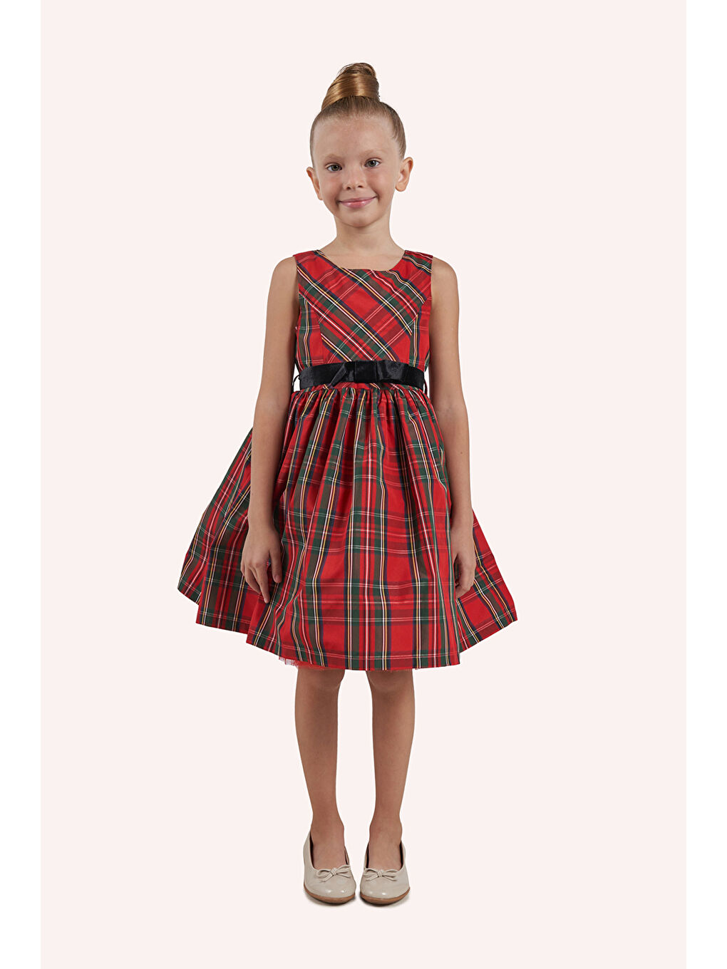 Kırmızı Kız Çocuk Ekose Desenli Parti Elbisesi-9