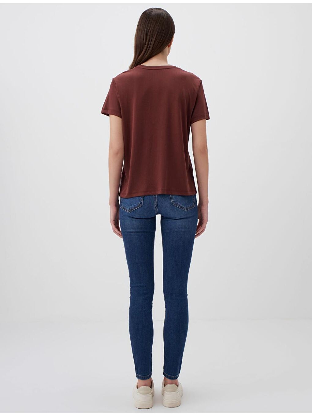 Kahverengi Düz Kesim Bisiklet Yaka Kısa Kollu Basic Tişört-3