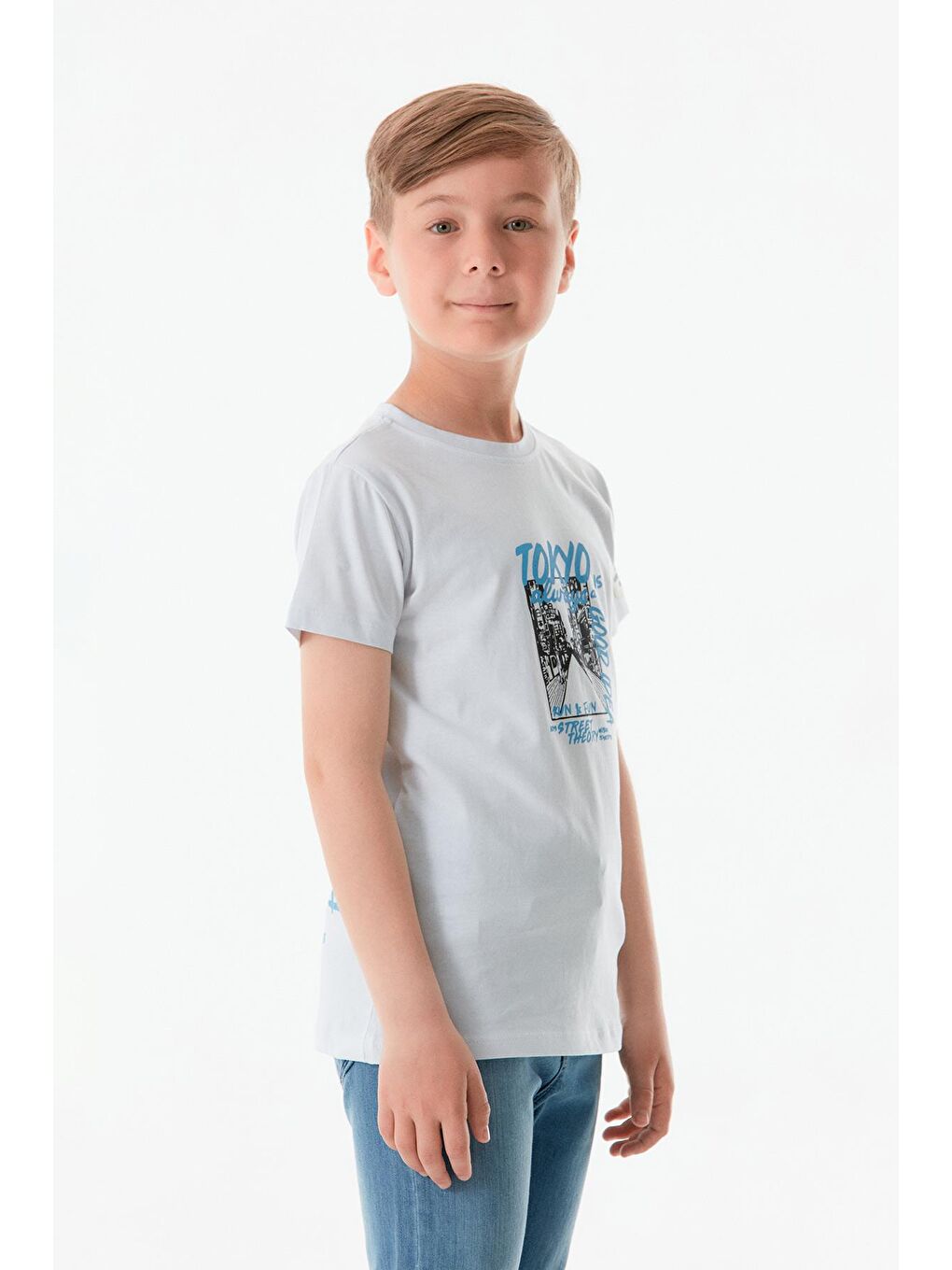 Beyaz Önü Ve Arkası Baskılı Bisiklet Yaka Erkek Çocuk Tişört-4