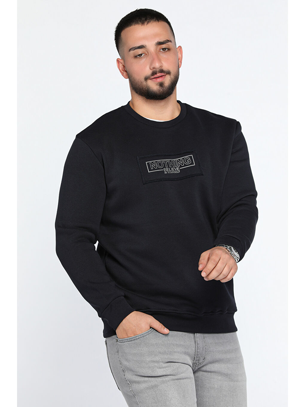 Mishar İtalia Lacivert Erkek Yazı Baskılı Şardonlu Üç İplik Sweatshirt - 1