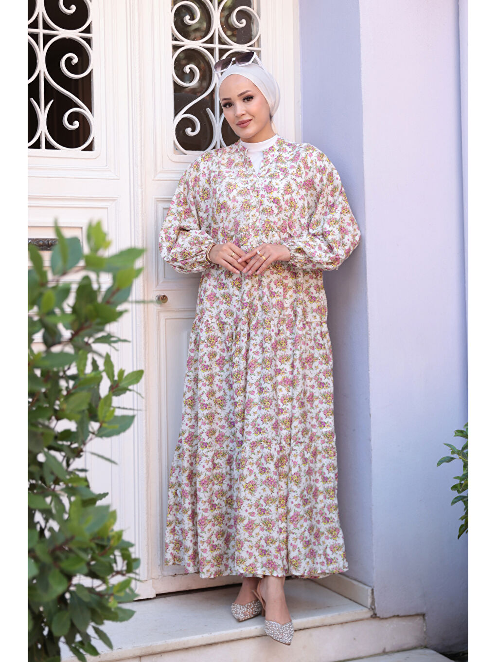 Kadın Menekşe Desen Elbise Beyaz-1