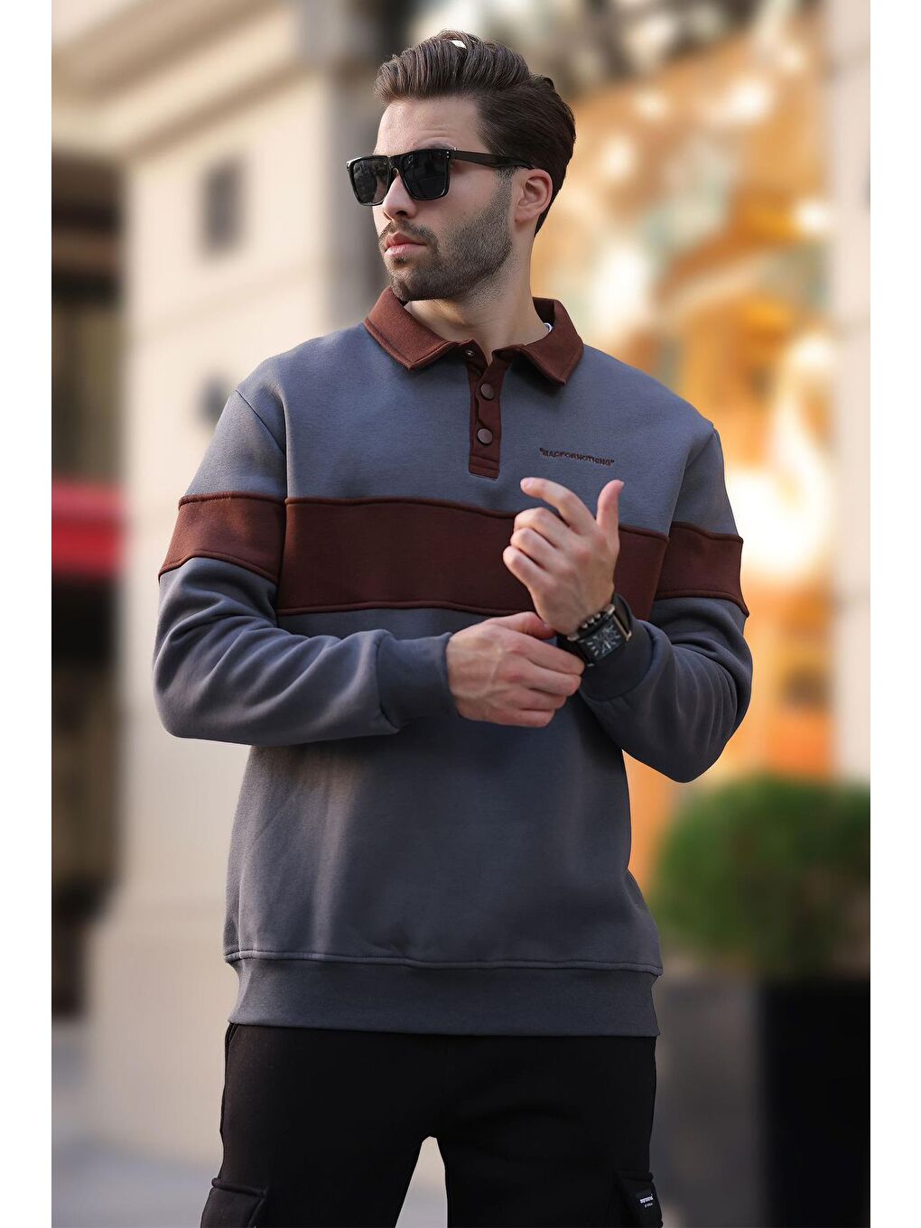 Gri Füme Polo Yaka Renk Bloklu Erkek Sweatshirt 7072