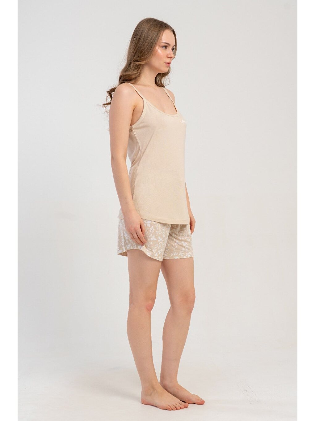 İp Askılı Şortlu Pijama Takımı Bej-512183-3