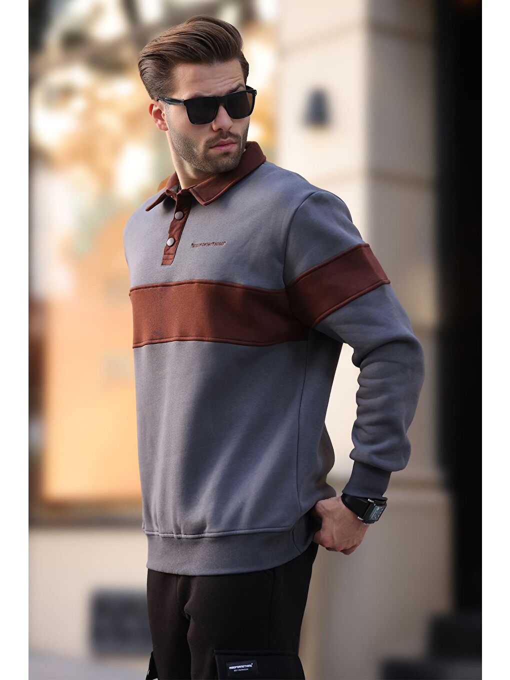 Gri Füme Polo Yaka Renk Bloklu Erkek Sweatshirt 7072-1
