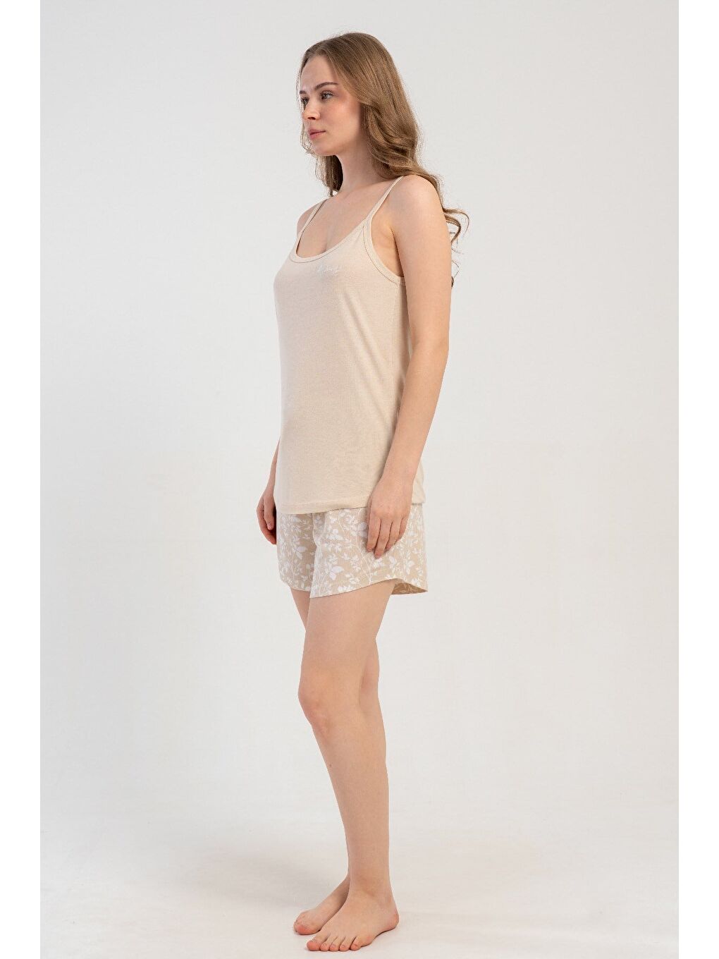 İp Askılı Şortlu Pijama Takımı Bej-512183-4