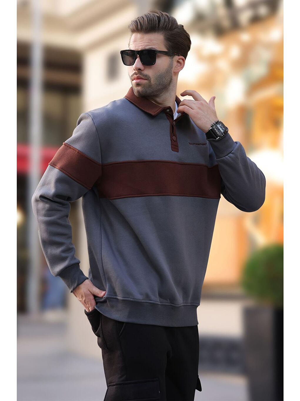 Gri Füme Polo Yaka Renk Bloklu Erkek Sweatshirt 7072-2