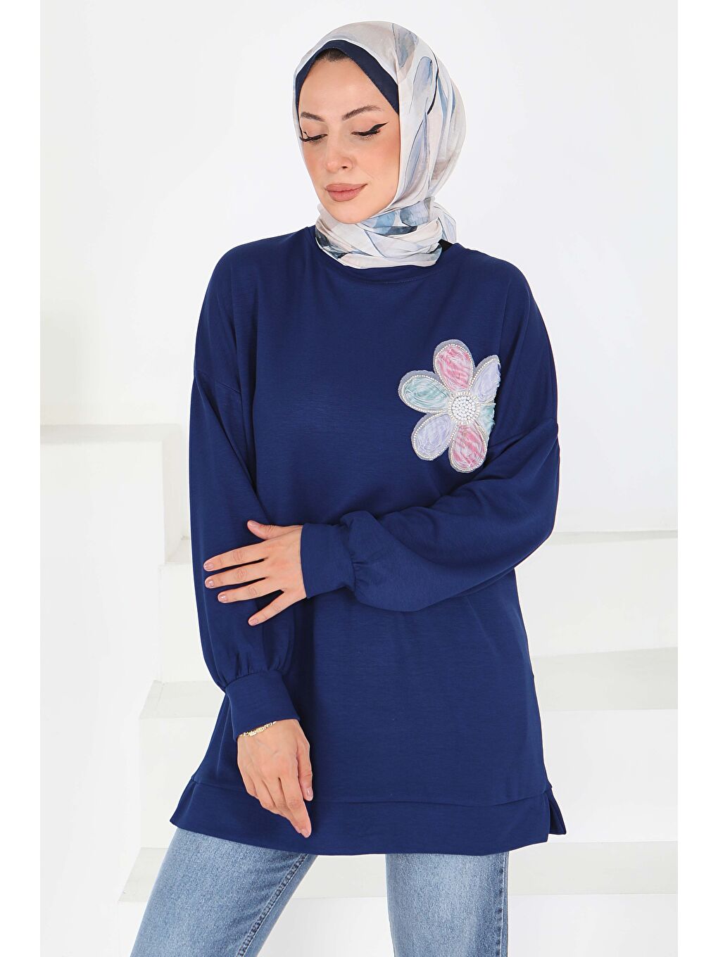 Çiçek İşlemeli Tunik Lacivert - 27672