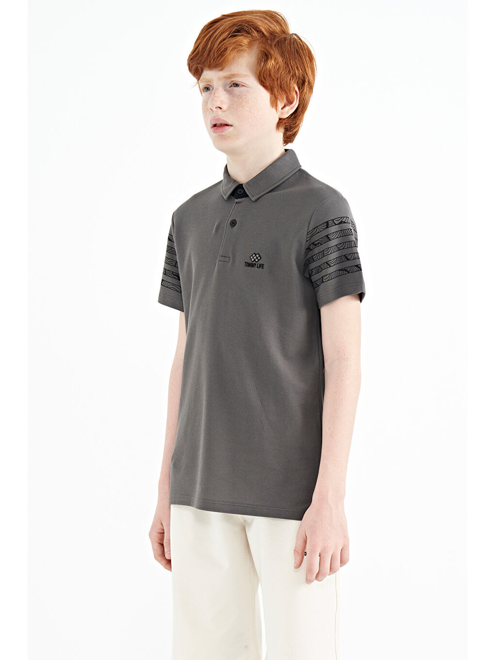 Koyu Gri Kol Baskı Detaylı Standart Kalıp Polo Yaka Erkek Çocuk Tişört - 11093-2