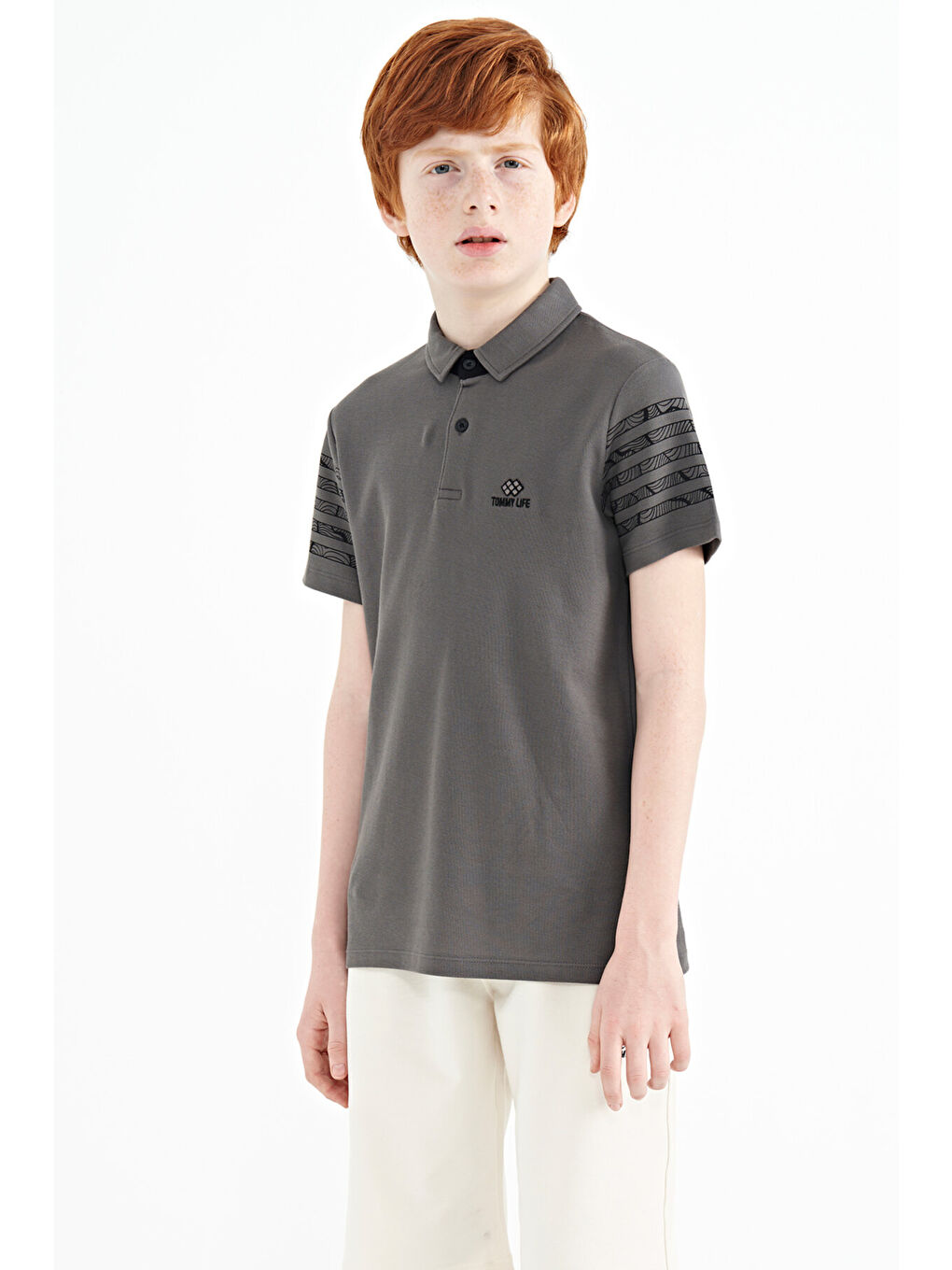 Koyu Gri Kol Baskı Detaylı Standart Kalıp Polo Yaka Erkek Çocuk Tişört - 11093-3