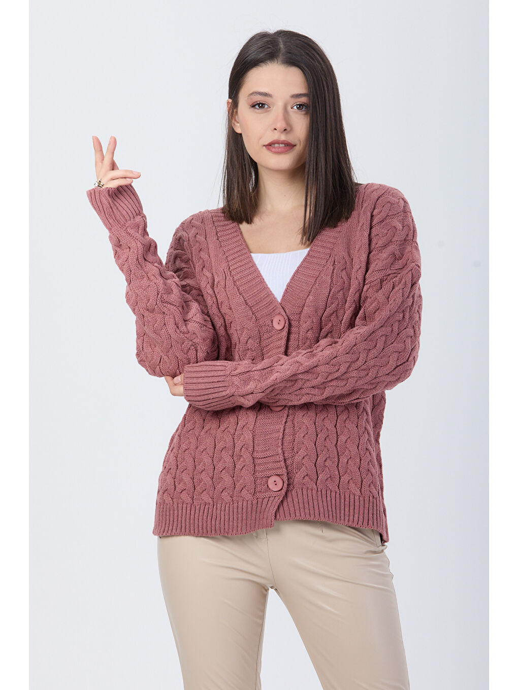 Pembe Örgülü Triko Hırka Gul - 27657