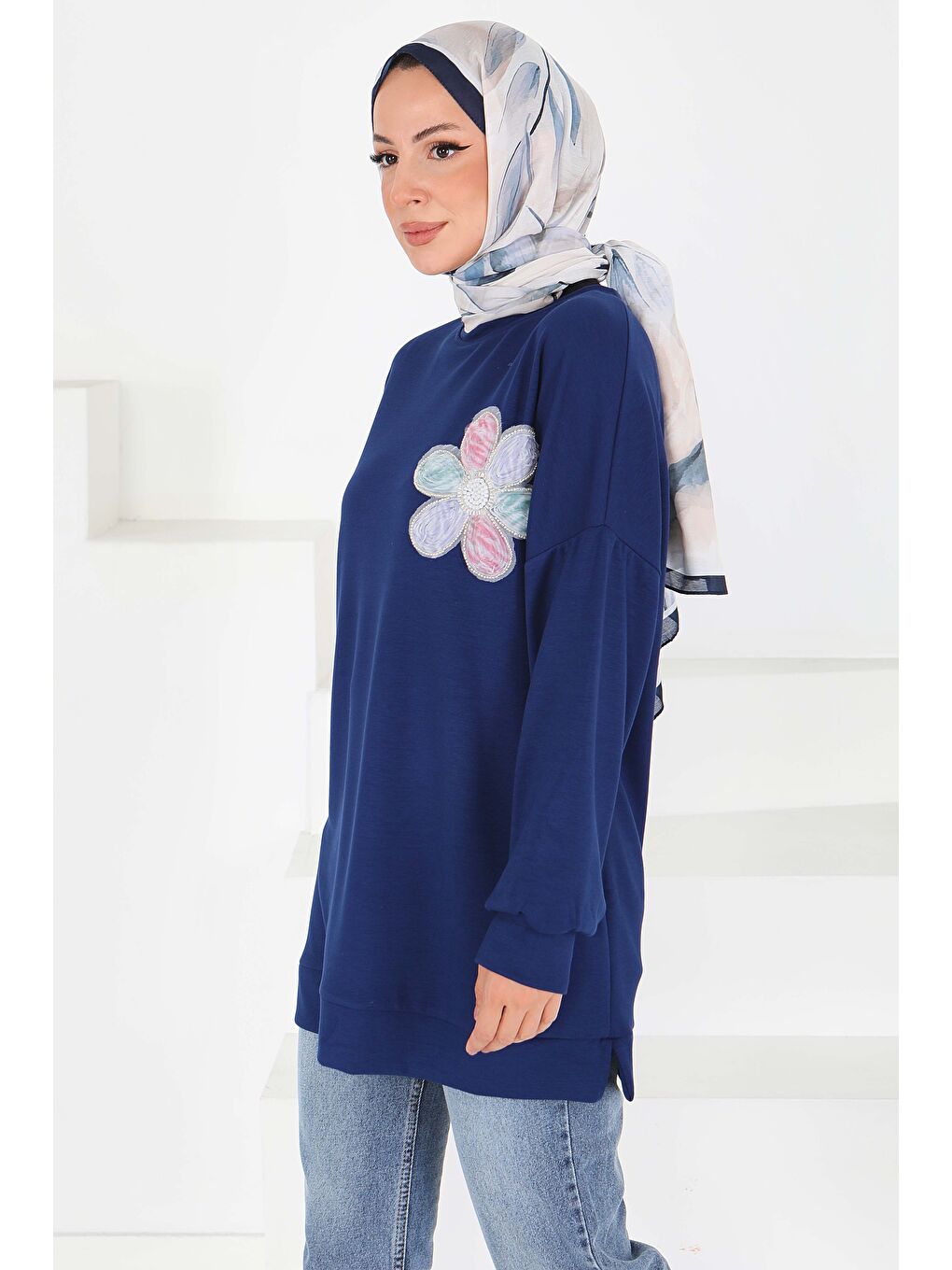 Çiçek İşlemeli Tunik Lacivert - 27672-1