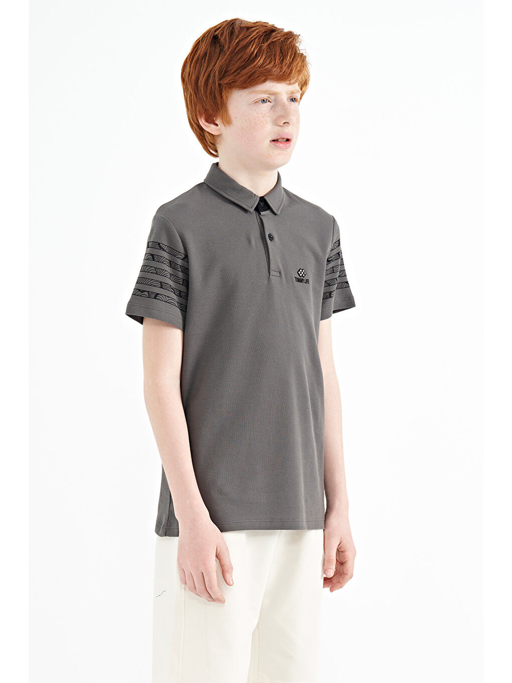 Koyu Gri Kol Baskı Detaylı Standart Kalıp Polo Yaka Erkek Çocuk Tişört - 11093-4