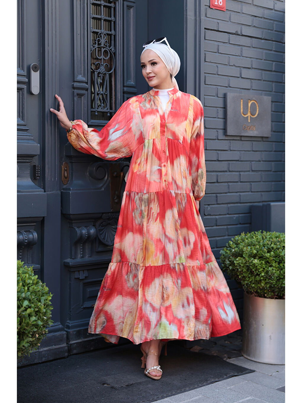 Kadın Batik Desen Elbise Turuncu