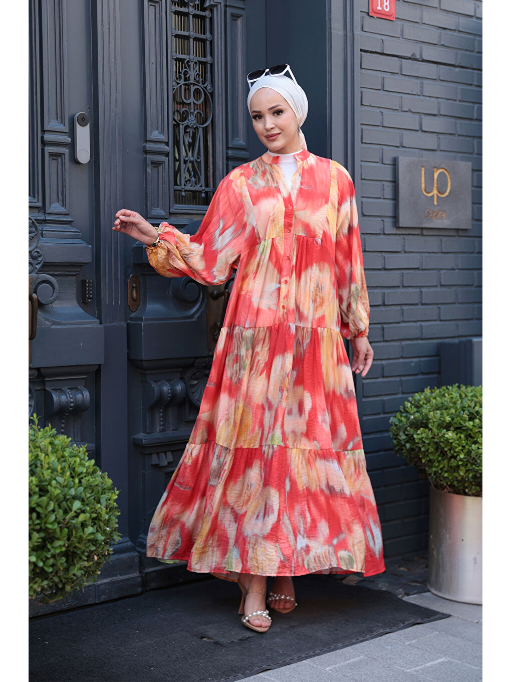 Kadın Batik Desen Elbise Turuncu-1