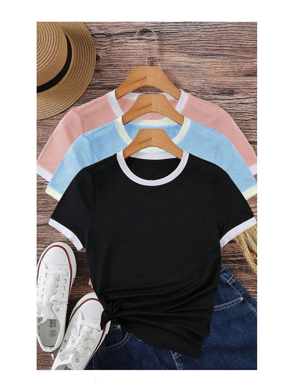 Karışık Unisex 3Lü Paket Penye İnterlok Tişört Pembe BebeMavi Siyah