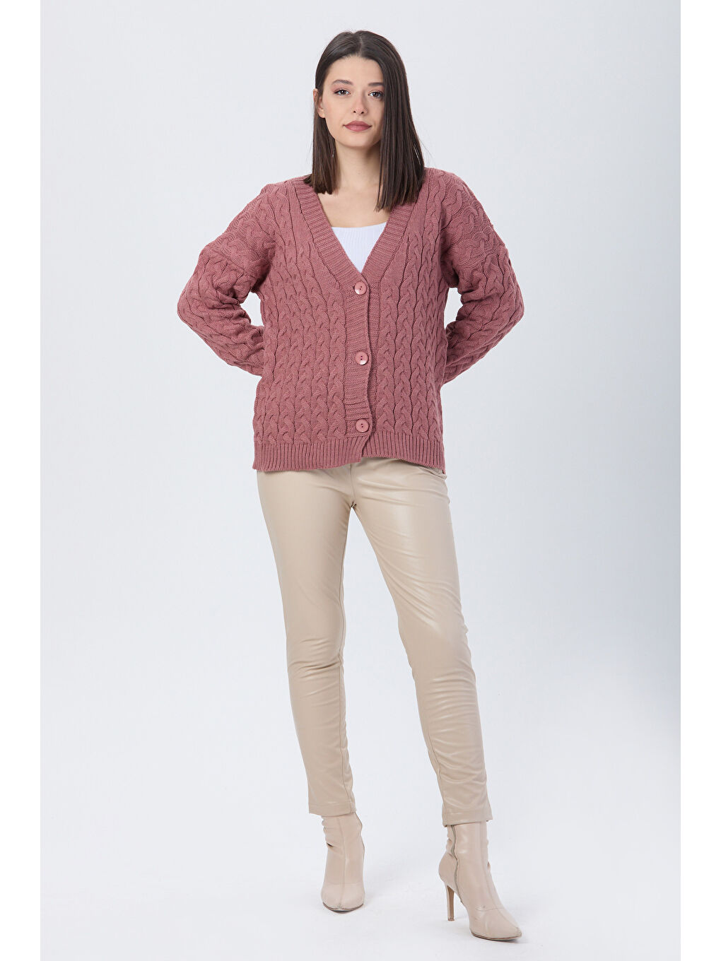 Pembe Örgülü Triko Hırka Gul - 27657-1