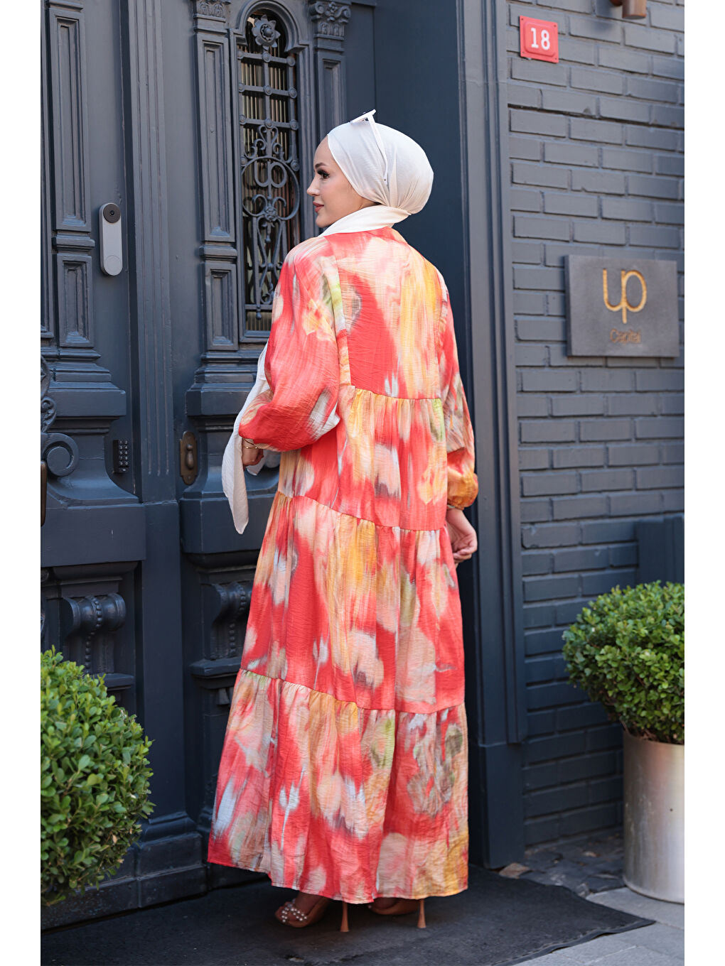 Kadın Batik Desen Elbise Turuncu-4