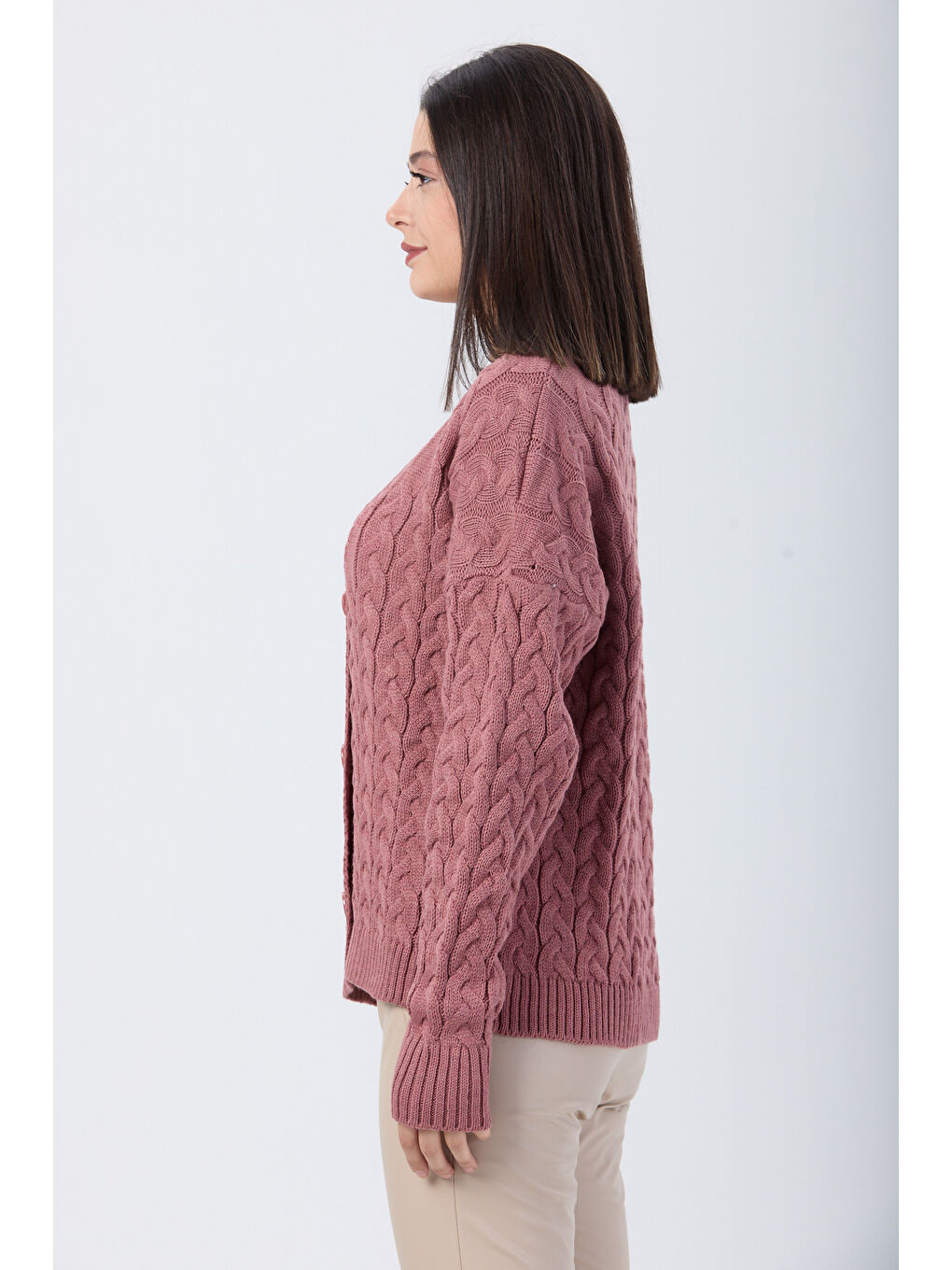 Pembe Örgülü Triko Hırka Gul - 27657-2