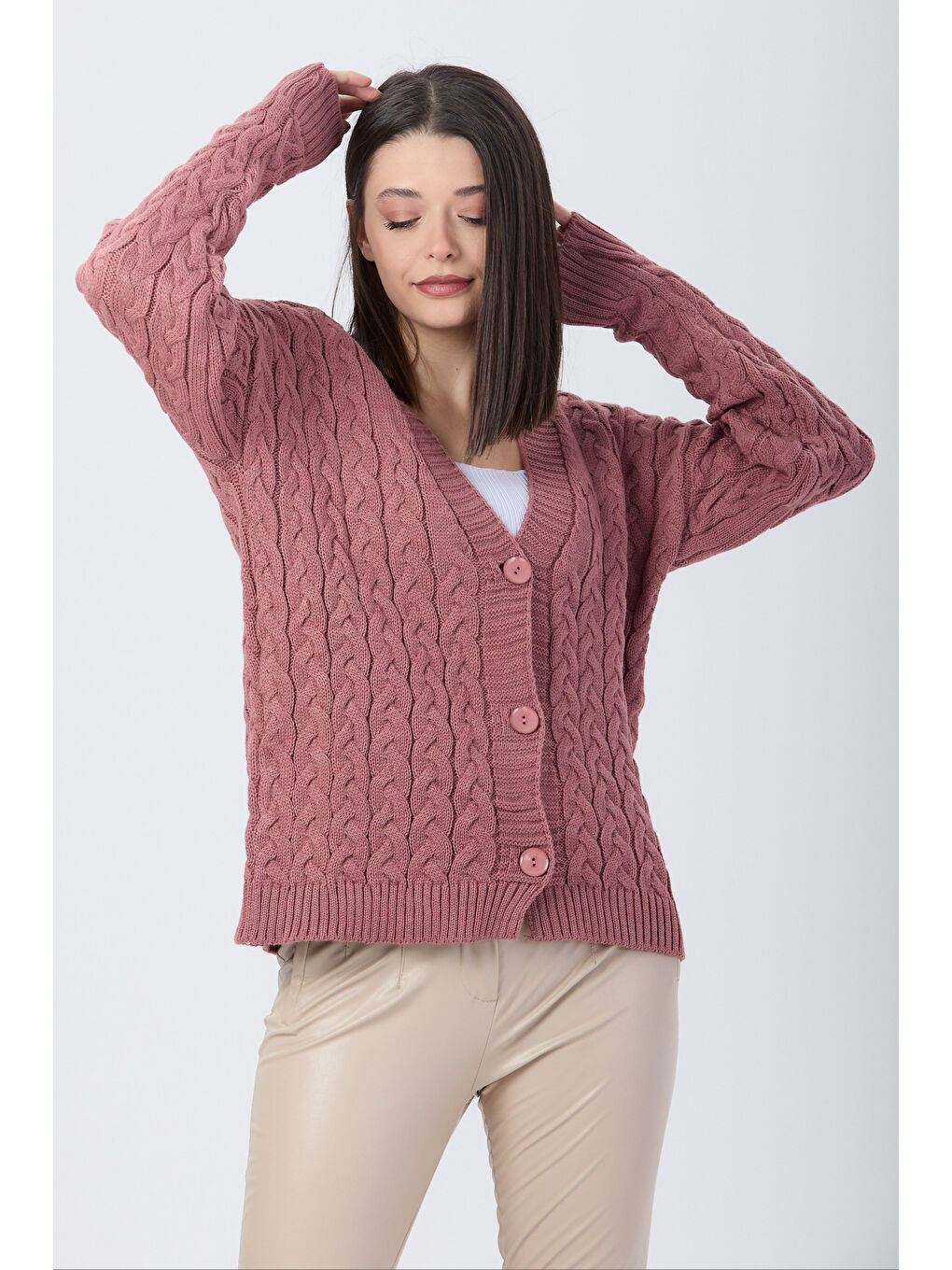 Pembe Örgülü Triko Hırka Gul - 27657-3