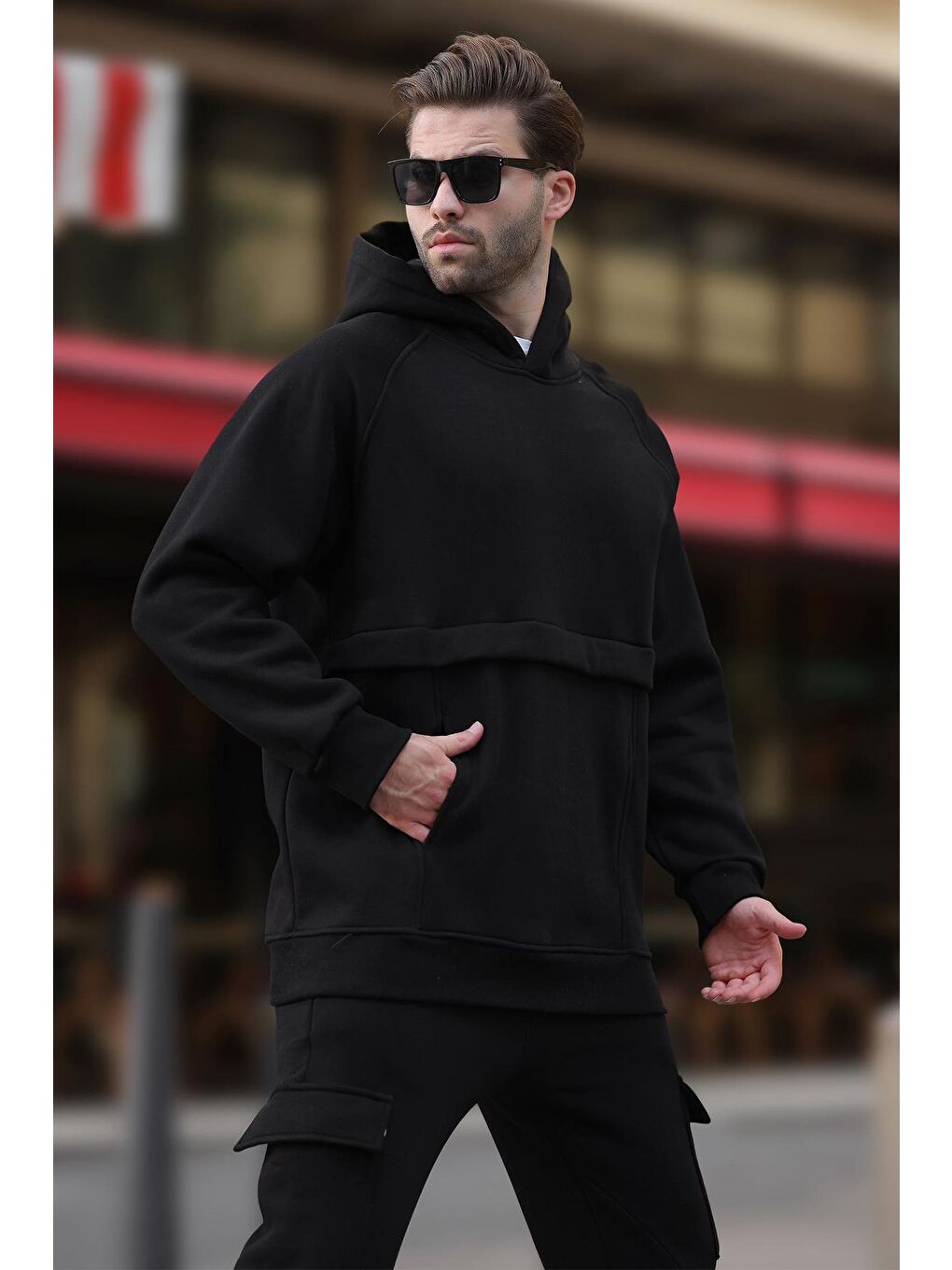 Siyah Kapüşonlu Cep Detaylı Erkek Sweatshirt 7092