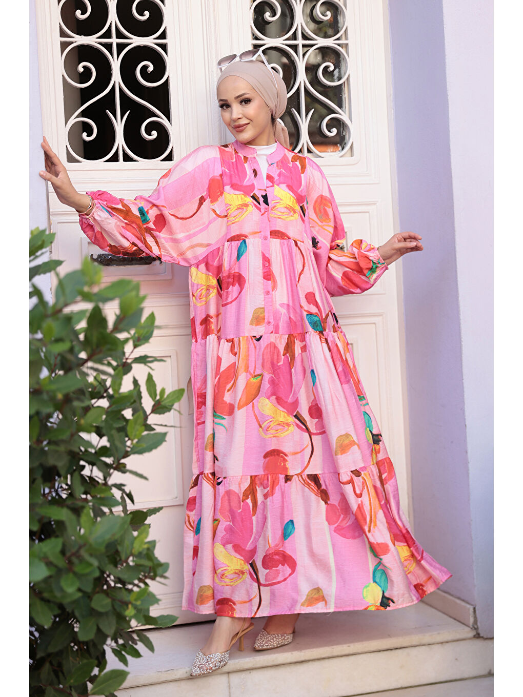 Kadın Pastel Çicek Desen Elbise  Pembe-1