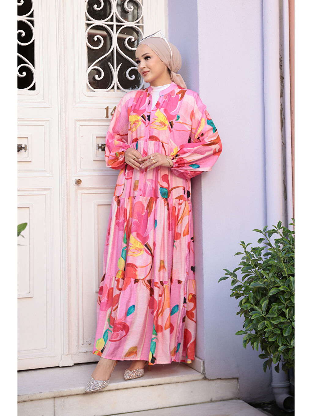 Kadın Pastel Çicek Desen Elbise  Pembe-2