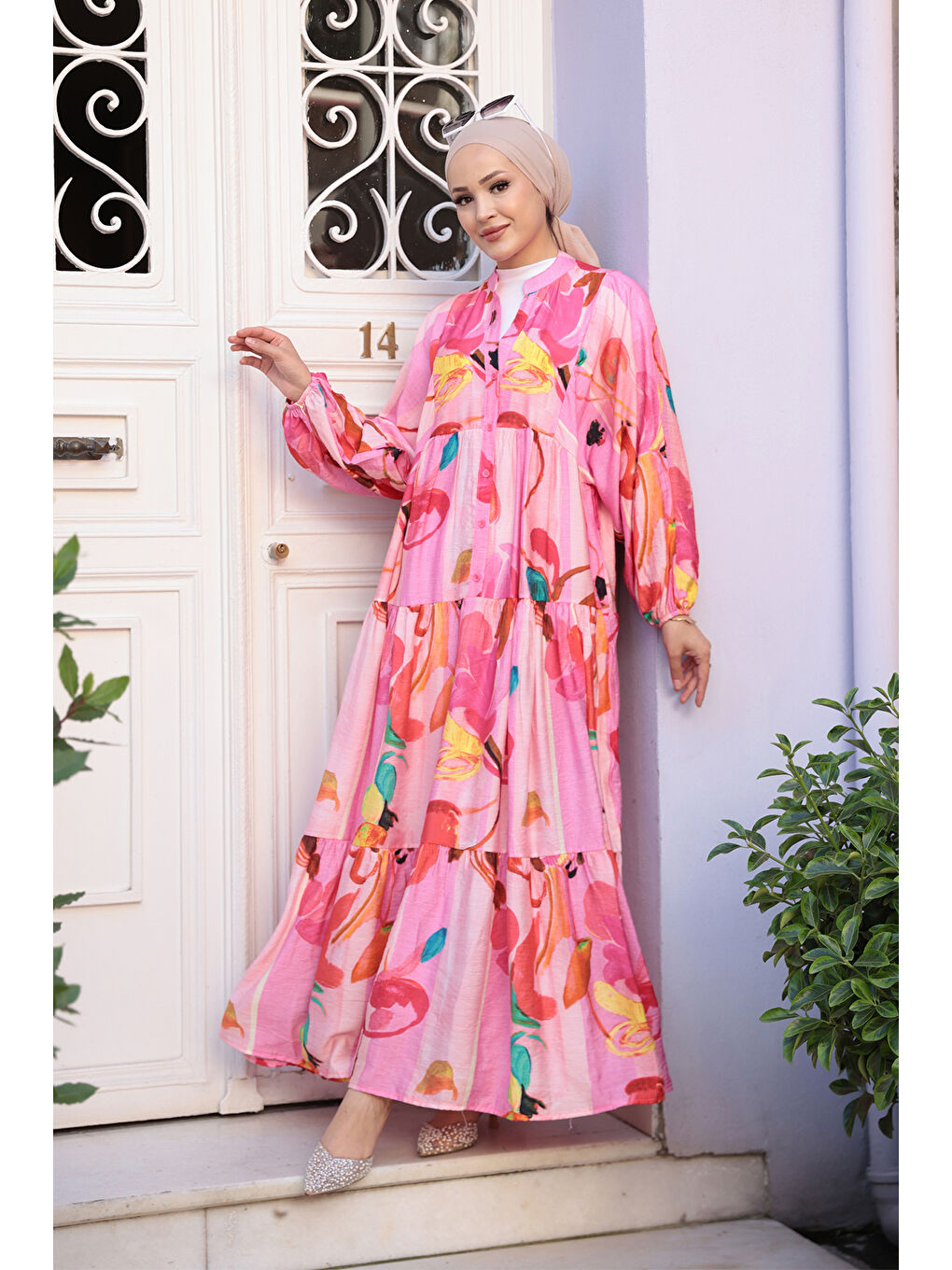 Kadın Pastel Çicek Desen Elbise  Pembe-3