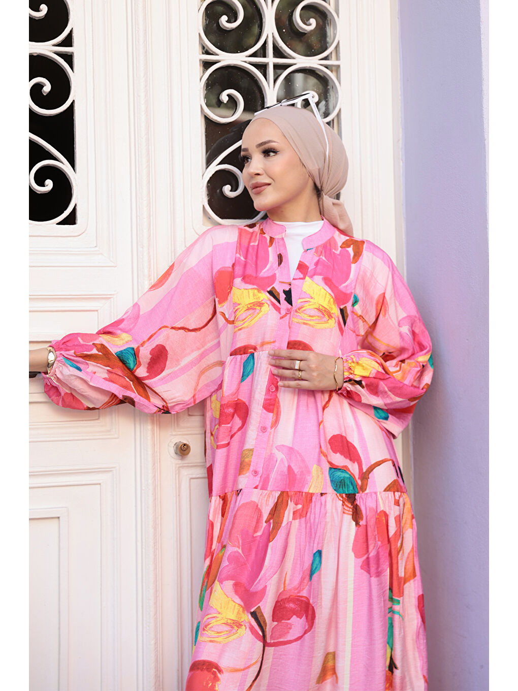 Kadın Pastel Çicek Desen Elbise  Pembe-4