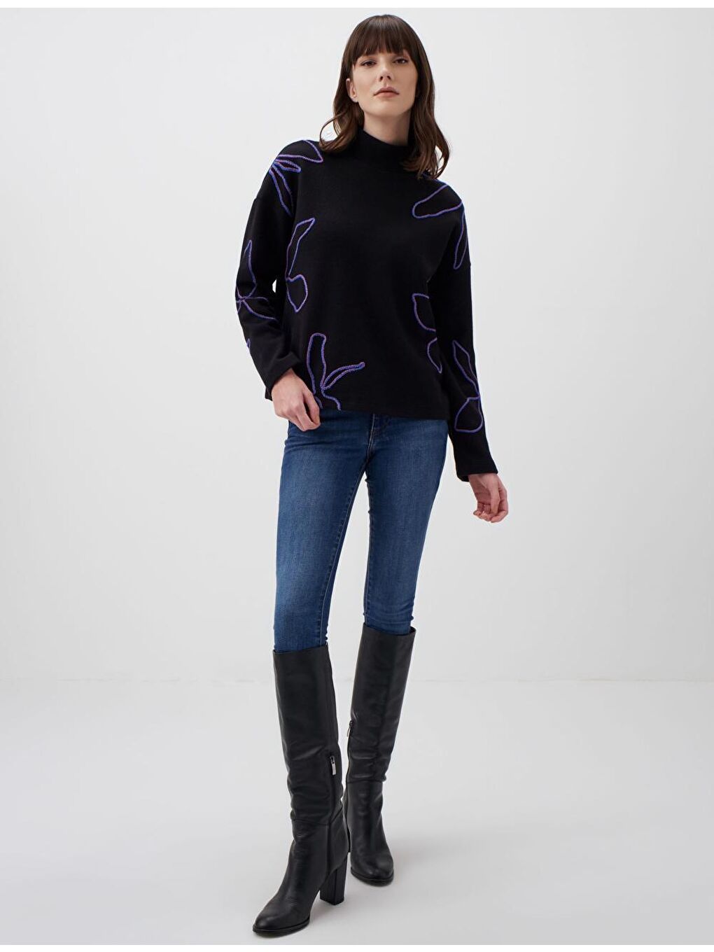 Siyah Uzun Kollu Dikiş Detaylı Kazak-4