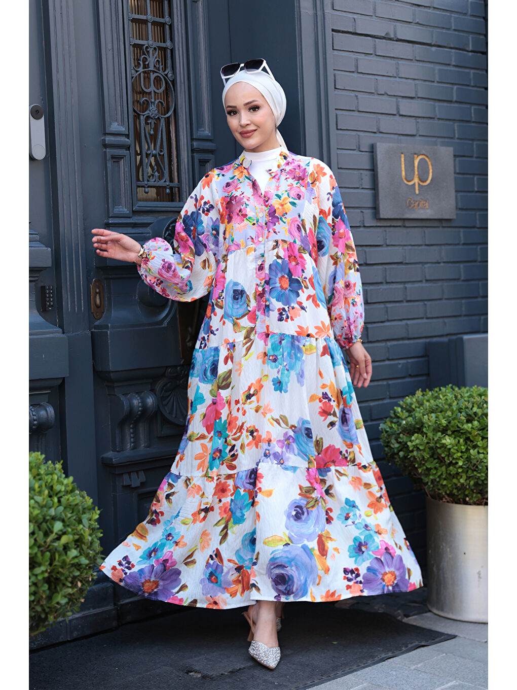 Pembe Kadın Karışık Çicek Desen Elbise Gül Kurusu