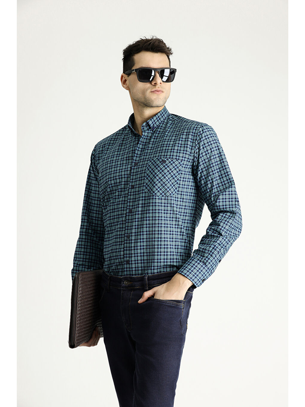 Petrol Uzun Kol Regular Fit Ekose Pamuklu Kolay Ütülenebilir Düğmeli Yaka Büyük Beden Oduncu Gömlek-1