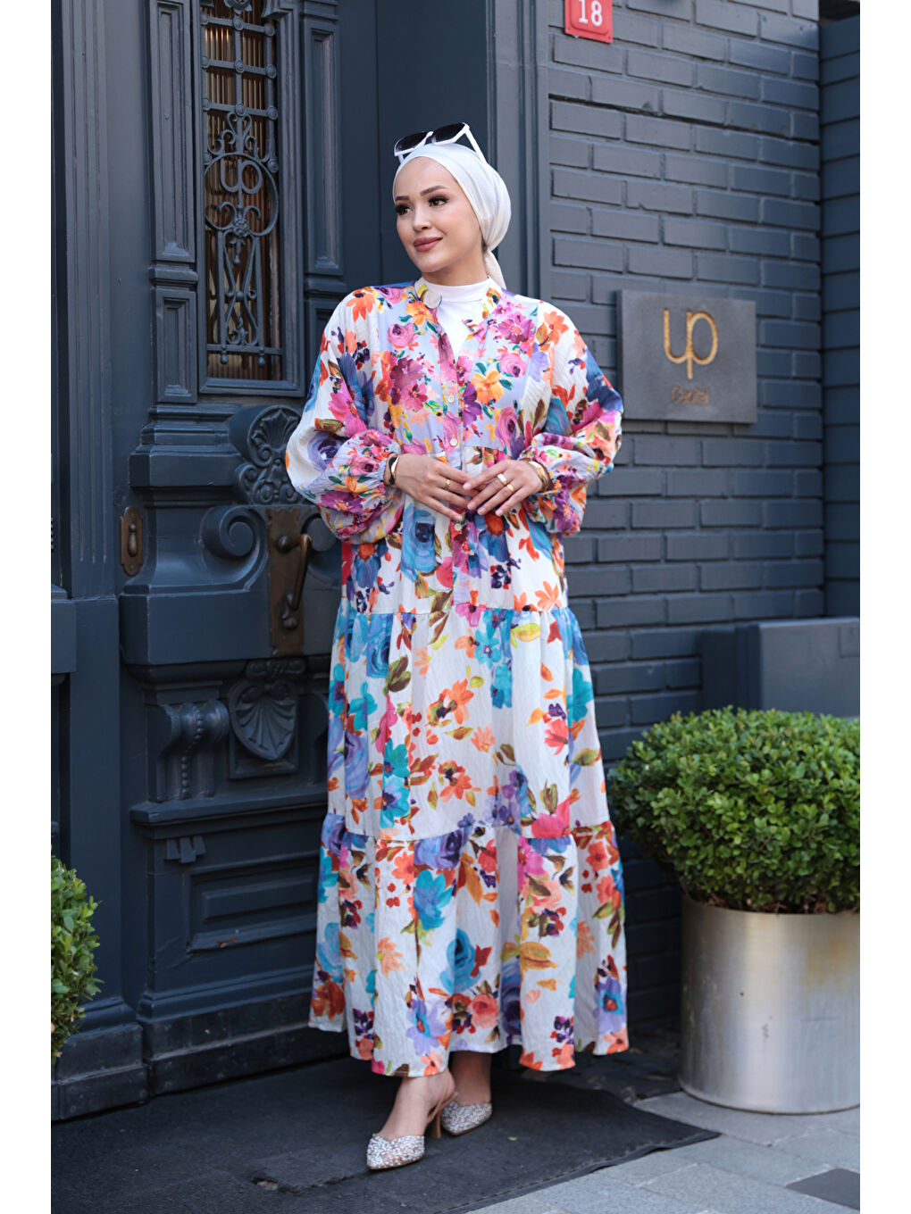 Pembe Kadın Karışık Çicek Desen Elbise Gül Kurusu-2