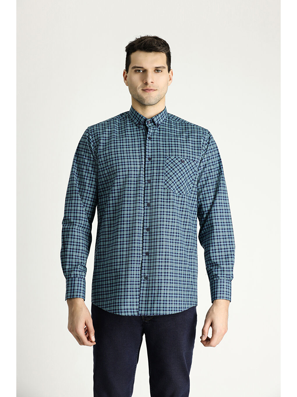 Petrol Uzun Kol Regular Fit Ekose Pamuklu Kolay Ütülenebilir Düğmeli Yaka Büyük Beden Oduncu Gömlek-2