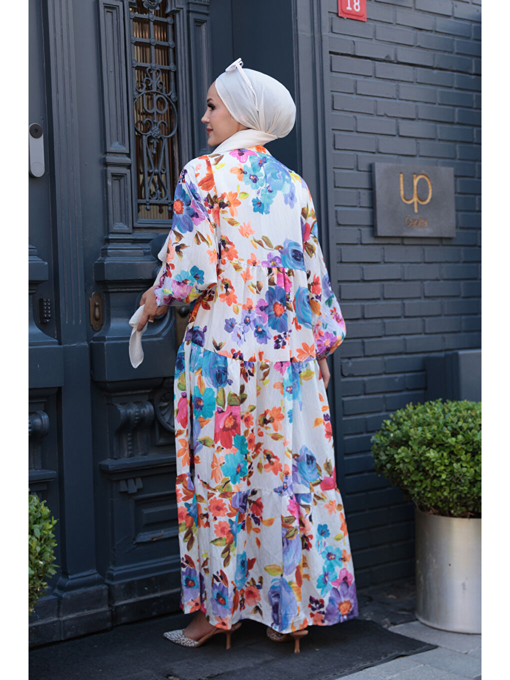 Pembe Kadın Karışık Çicek Desen Elbise Gül Kurusu-4