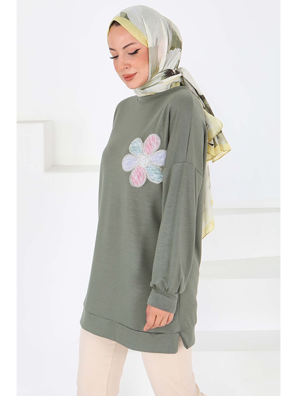 Çiçek İşlemeli  Tunik Haki - 27672-1