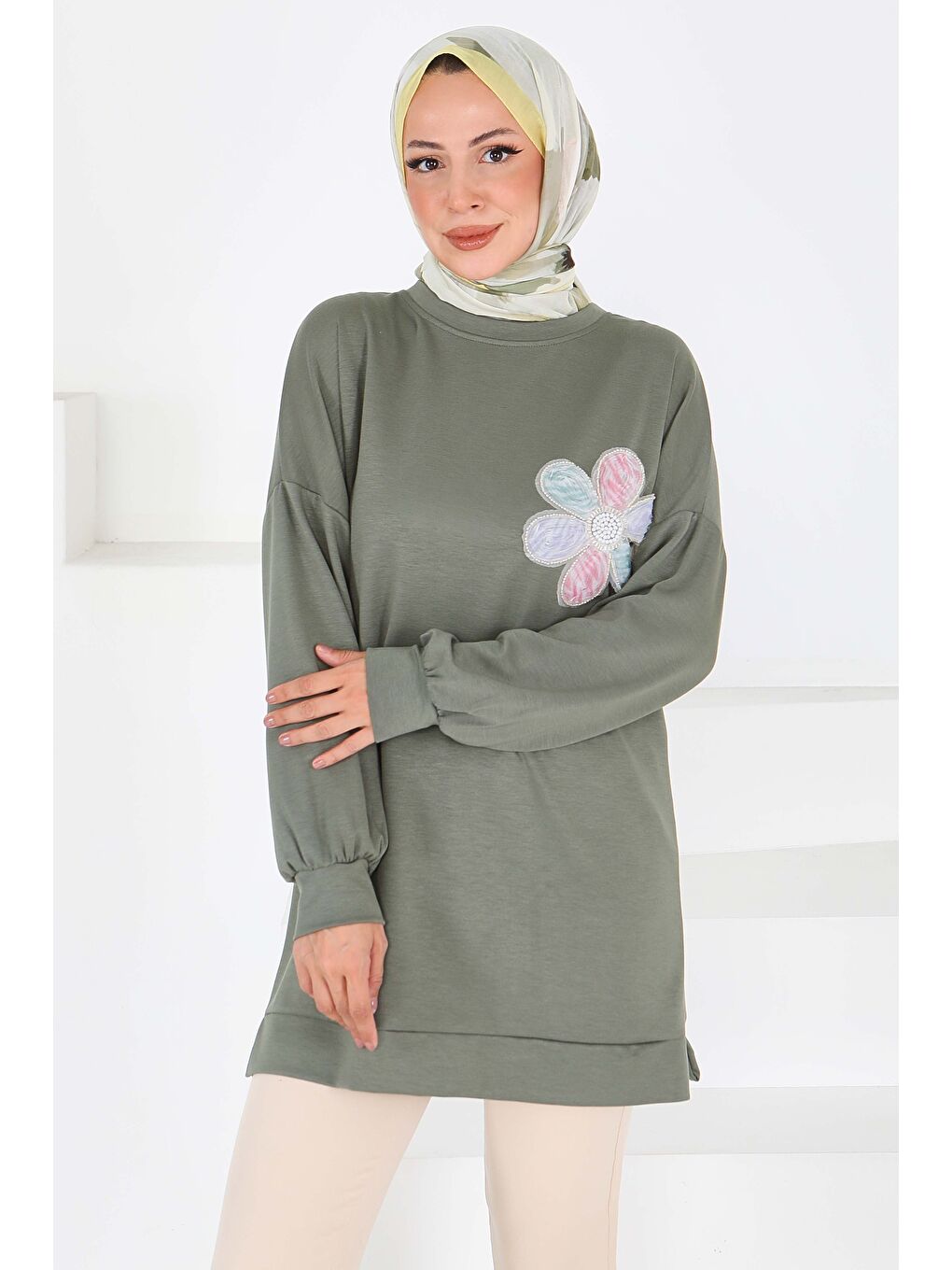 Çiçek İşlemeli  Tunik Haki - 27672-2